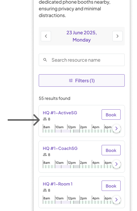 Room cards in the browsing view showing capacity alongside the availability timetable