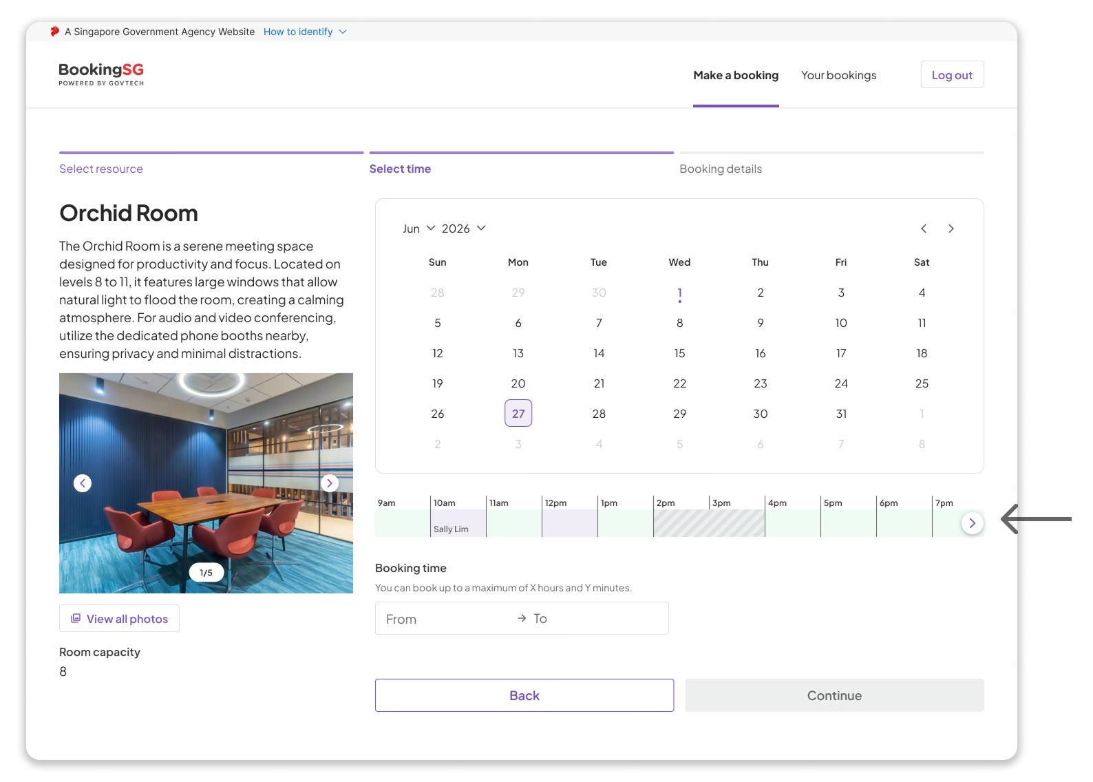 The daybar — a mini availability strip — embedded in the time selection step during rescheduling