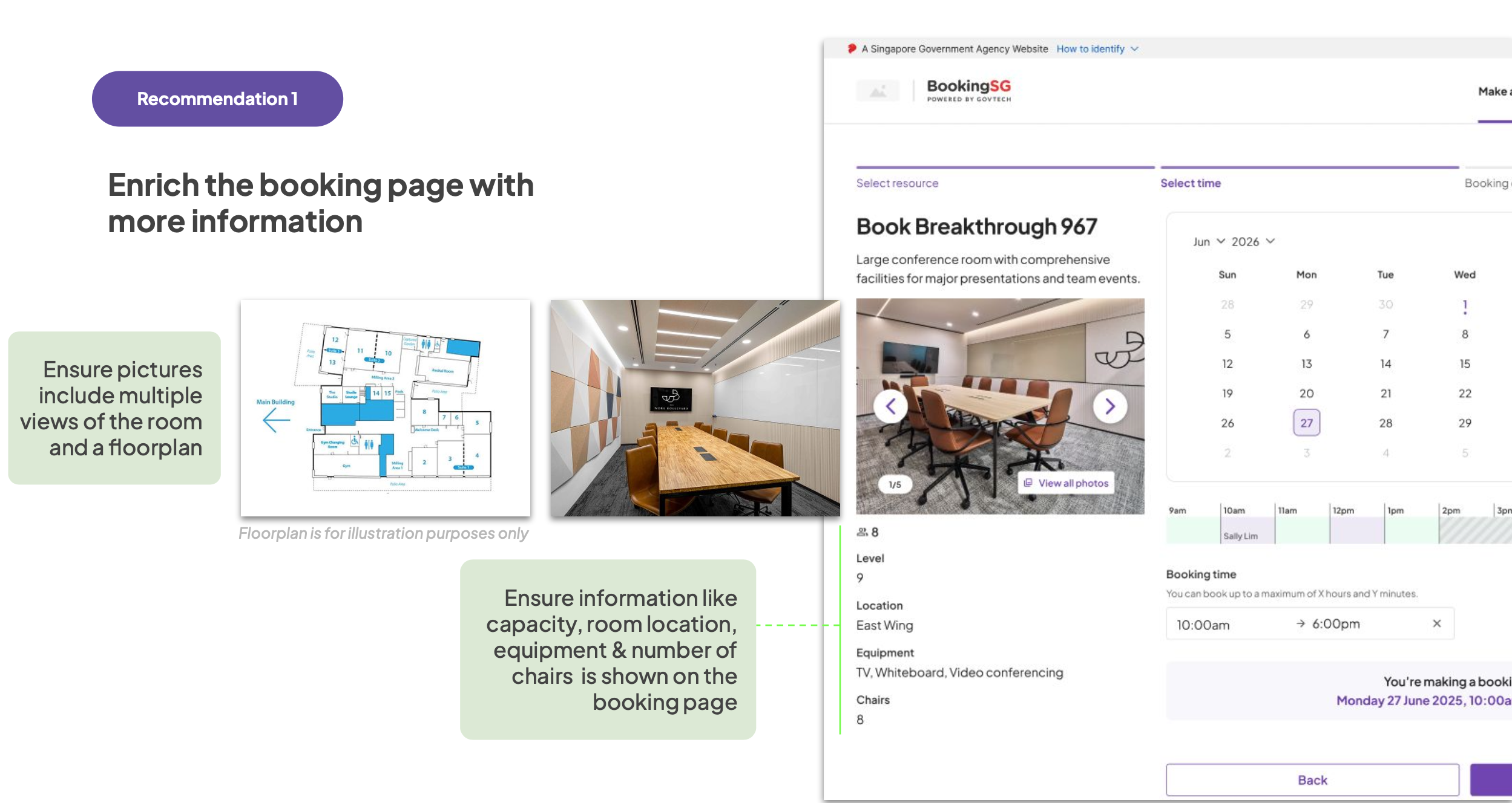 Recommendation 1 — enriched booking page with floorplan, multiple photos, and structured room details