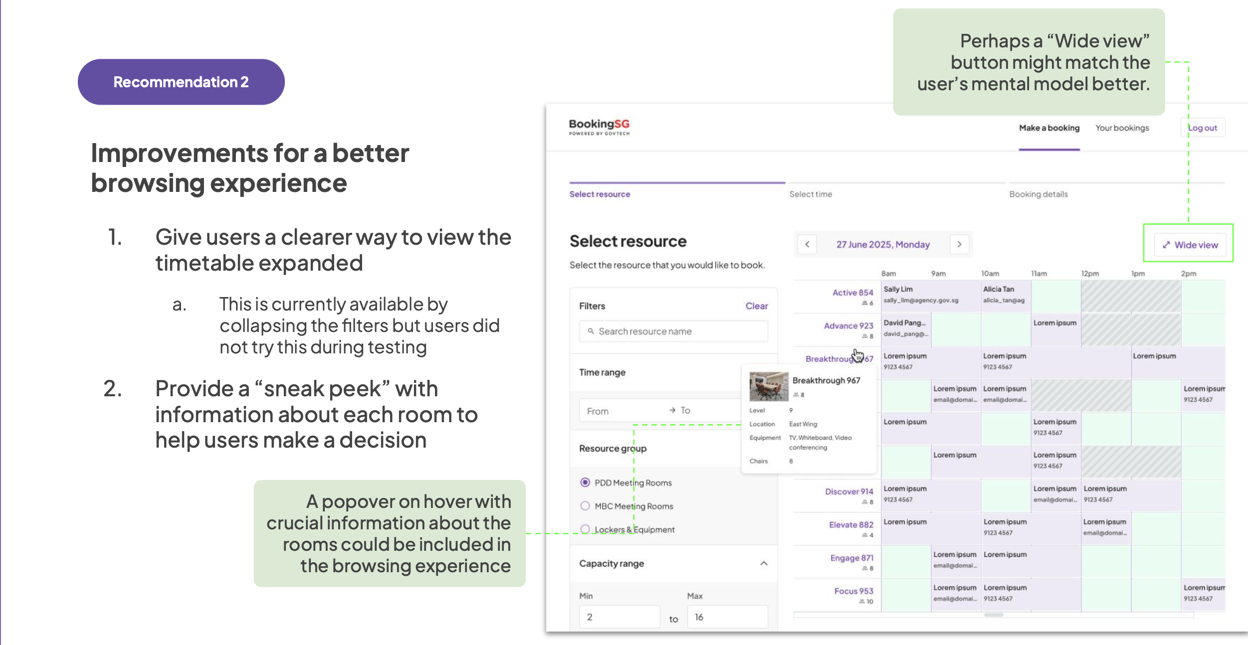 Recommendation 2 — Wide view toggle and hover popover on the browsing page