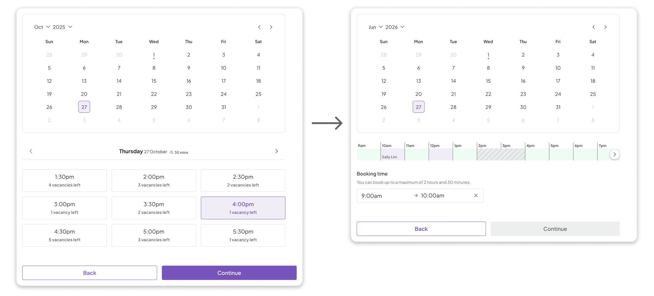 Before and after: discrete appointment slots on the left, time range selector on the right
