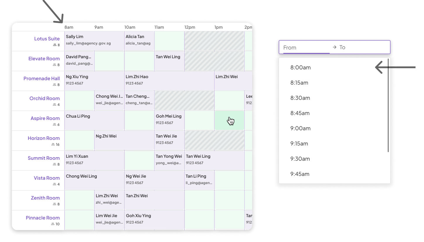 The timetable and time dropdown both starting at 8am rather than 12am