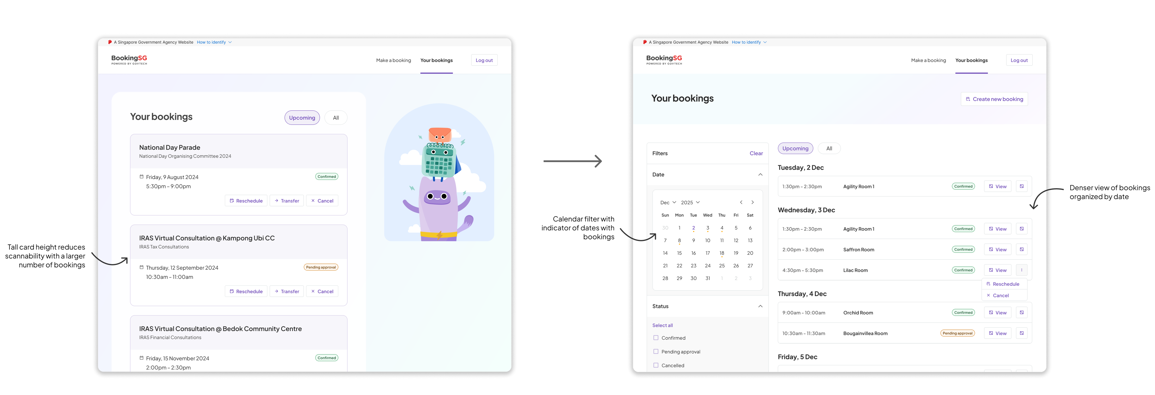 Before and after of the Your Bookings page: card layout on the left, dense table with calendar filter on the right