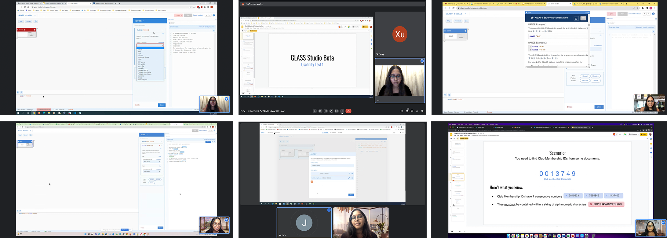 Grid of usability test session screenshots