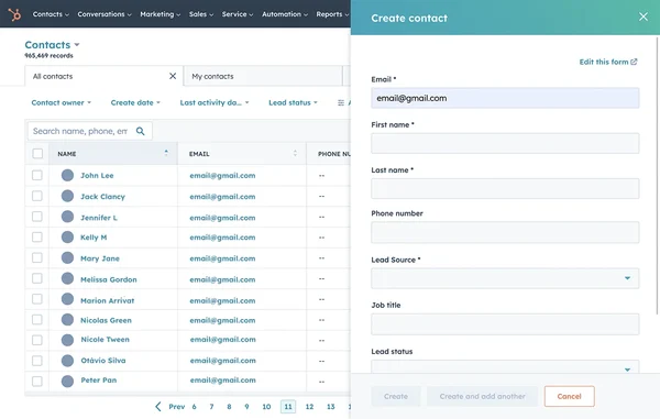 HubSpot's side-opening preview for a contact