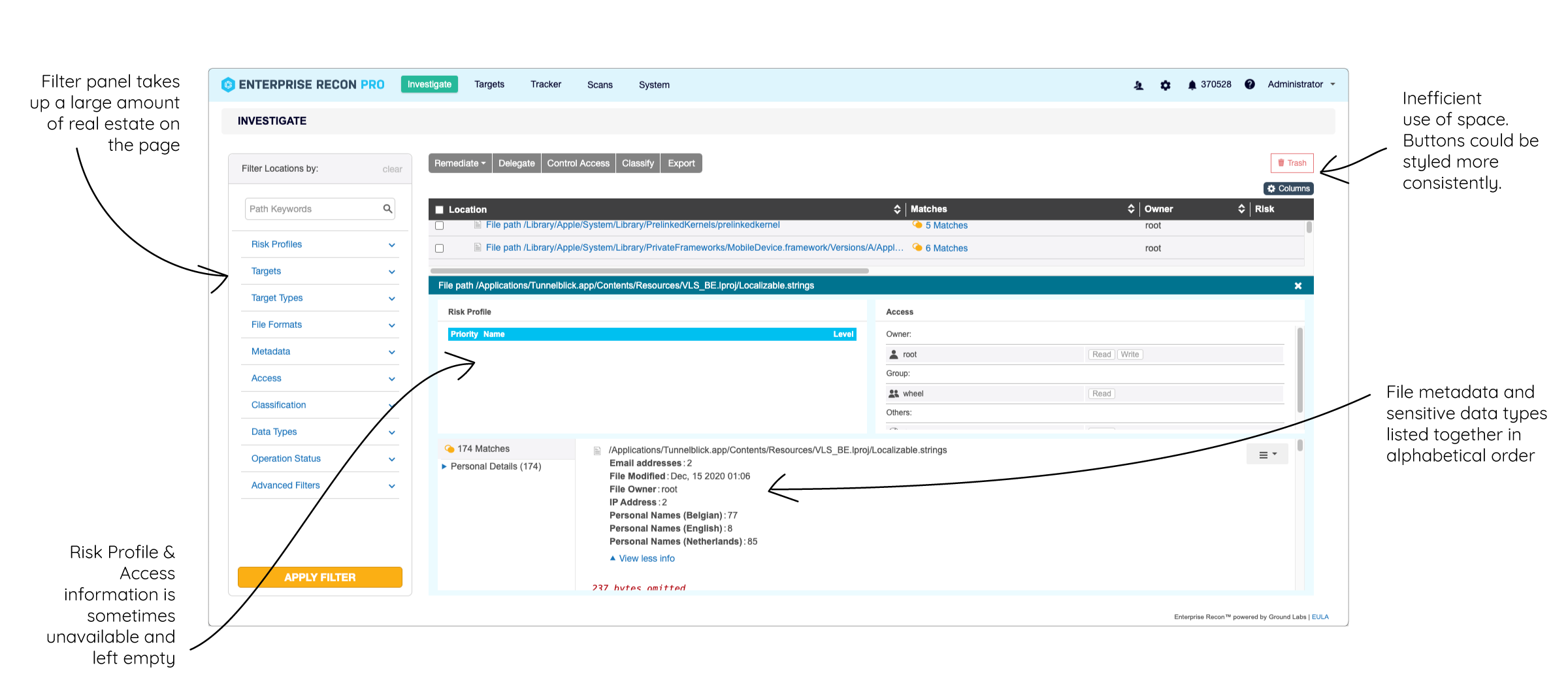 Annotated screenshot showing filter panel space waste, empty Risk Profile fields, and mixed metadata