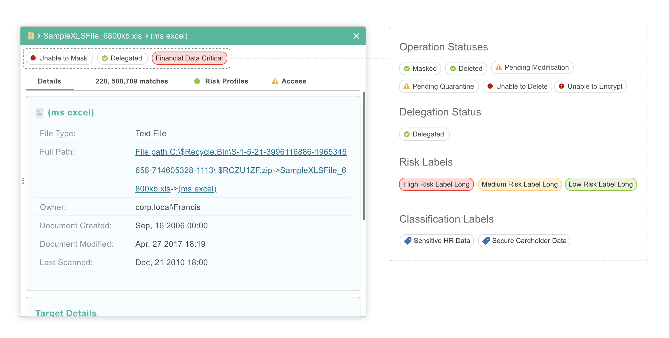 New inspector — highlight tags row at top: Operation Status, Risk Labels, Classification Labels